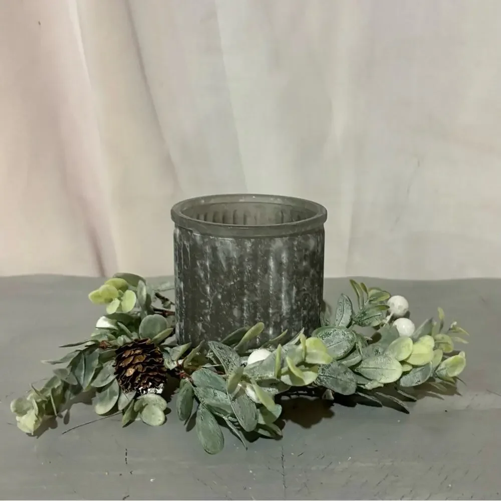 Rustic Gray Glass Candle Holder w/ 4” Candle Ring Holiday Greens & Pinecones